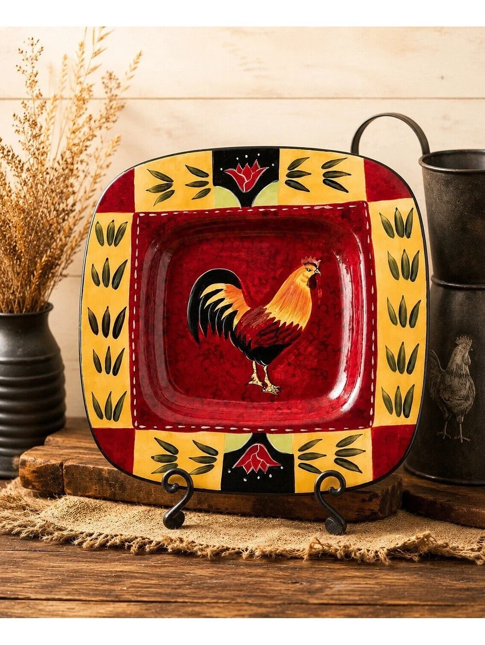 La Dolce Vita 2000s Square Platter Plate Tuscan Rooster Collection Ceramic 12.5”